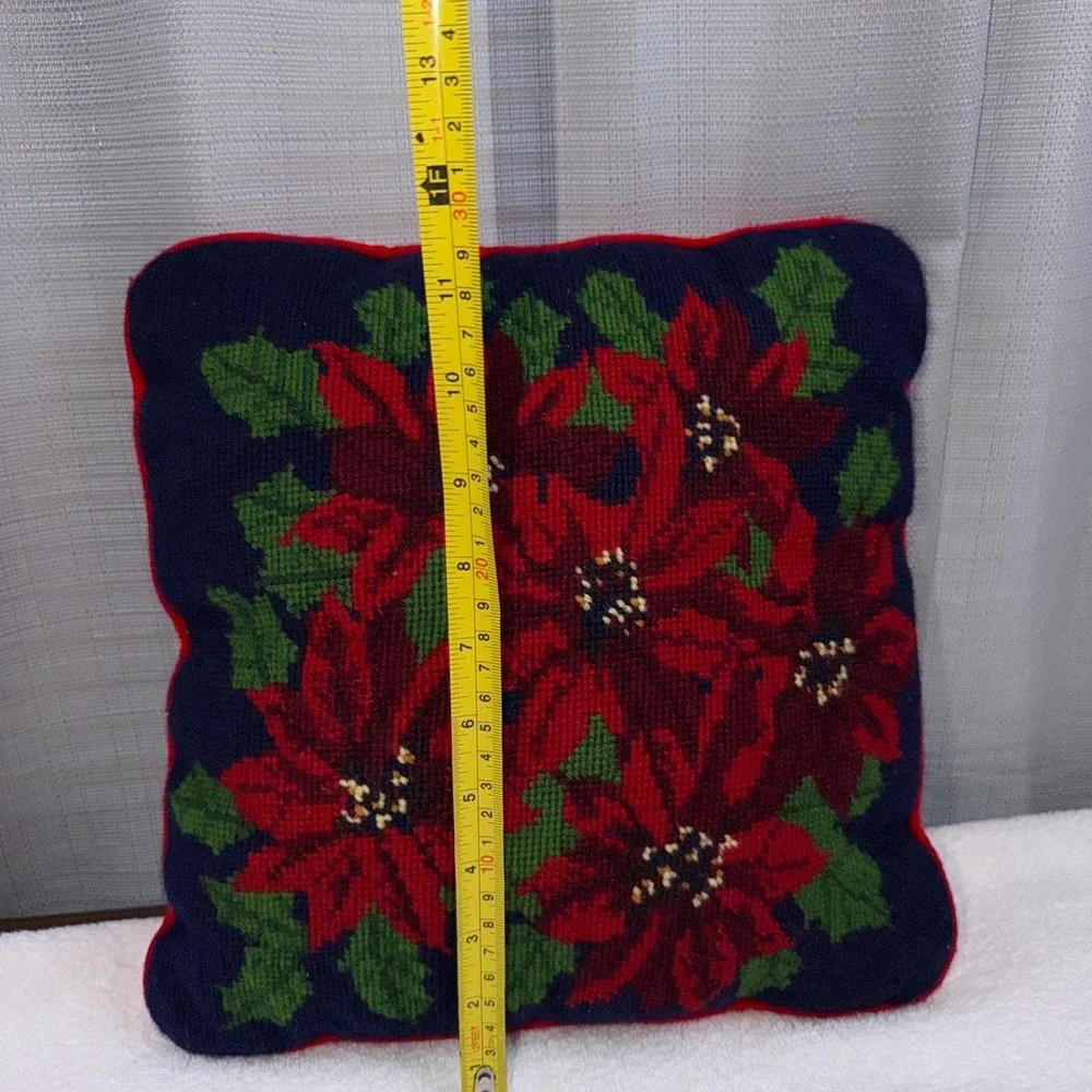 Vtg Needlepoint Throw Pillow Poinsettias Navy Red & Green Cottagecore Christmas